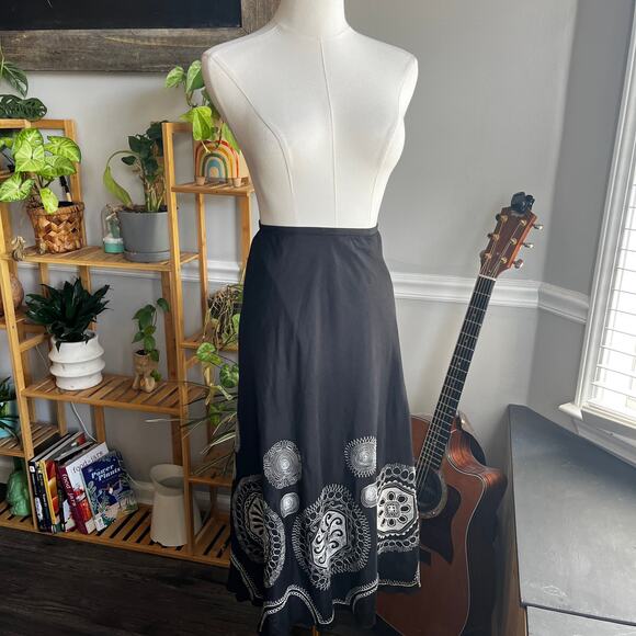 Vintage Y2K Art to Wear Black Geometric Silk Cotton Maxi Skirt Size 10 Medium - Picture 2 of 6